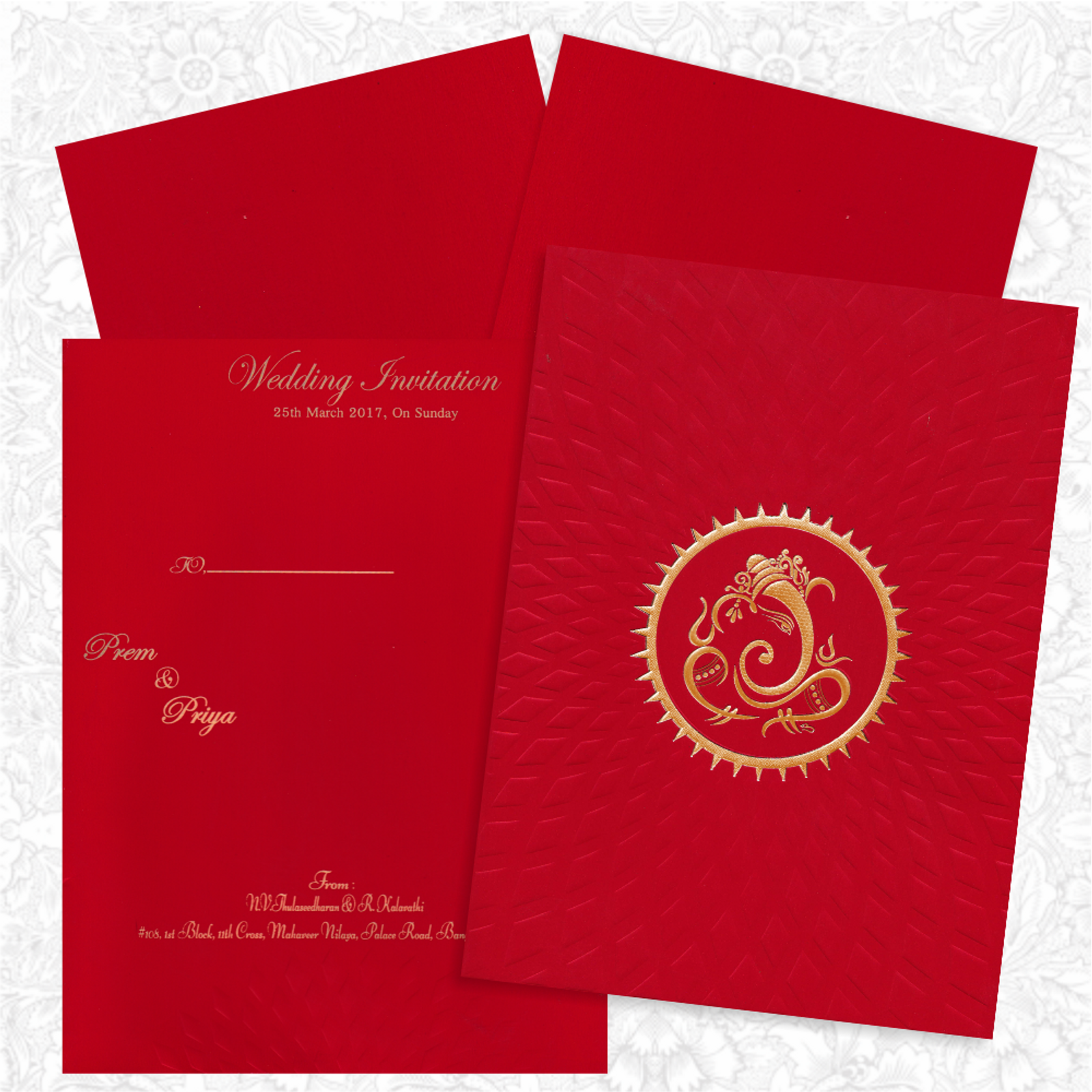 Royal Red Shading With Embossed Design Wedding Card - KNK2048-1